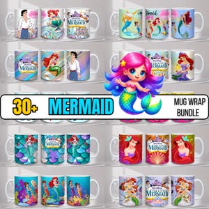 May include: A collection of white ceramic mugs featuring mermaid-themed designs. The mugs showcase various mermaid illustrations, including characters from "The Little Mermaid." The image includes the text "30+ MERMAID MUG WRAP BUNDLE."