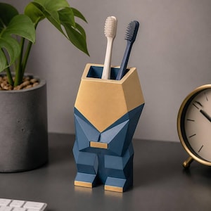 Borstad mässing och frostad blå geometrisk hartsfigur, modern konstskulptur med skarp vinkel, en fristående 3D-printad dekoration