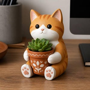 Andalusian Orange Cat Planter Figurine, Hand Painted 3D Printed Succulent Pot for Desk