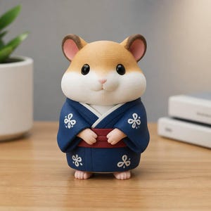 以下が含まれることがあります： 茶色と白の毛並みのハムスターの小さなフィギュア。赤い帯と白い花柄があしらわれた濃紺の着物を着ています。ハムスターは大きな黒い目と丸い耳をしており、直立した姿勢で無表情な顔をしています。
