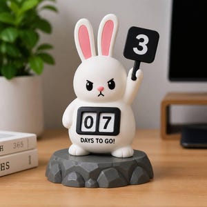 Countdown Bunny Desk Figurine, Unique 3D Printed Statue with Hand Painted Details, Single Collectible Animal Art Object