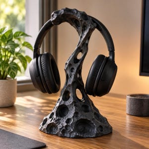 Peut inclure: Un support de casque noir avec une surface texturée et cratérisée rappelant une lune ou un astéroïde. Le support présente une forme incurvée et organique avec de multiples ouvertures circulaires, soutenant une paire de casques audio noirs.