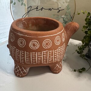 May include: A terracotta turtle-shaped planter with white etched designs. The planter has a wide opening and is supported by three legs. The words "LOVE grows" are visible in the background.