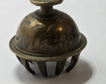 Brass Elephant Claw Bell India Etched Floral Prayer Temple Bell 2 Inch 1960s