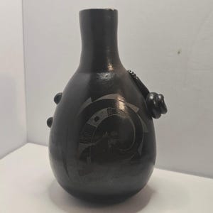 Pablo Mateos Ortega Signed Tonalá Mexico Black Pottery Snake Vase 9" Vintage