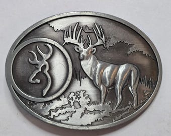 Browning Buckmark Deer Hunting Belt Buckle Silver Pewter Tone Oval Whitetail