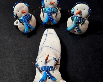Vintage Set 4 Snowman Napkin Rings Metal Blue Scarf Christmas Table Decor Y2K