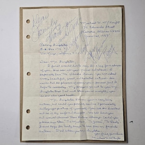 May include: A handwritten letter on lined paper, addressed to Ms. Singleton, with multiple signatures and the date June 21, 1989. The letter expresses admiration and requests autographed pictures. The paper has three hole punches.