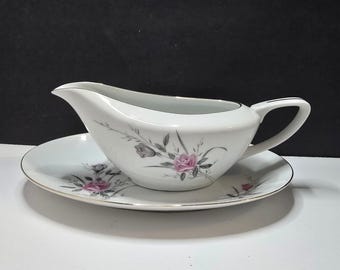 Golden Rose Japan Fine China Gravy Boat Underplate Pink Rose Gold Trim Vintage