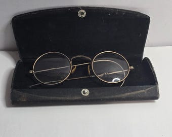 1/10 12K Gold Filled Antique Spectacles Glasses Orig Case Wire Rim Round 1900s