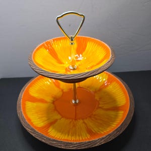 Sequoia Ware 2 Tier Tidbit Server Orange Yellow California Pottery USA MCM