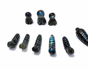 Labradorite Carving Collection: Caterpillar, Octopus, and Corn Sculptures