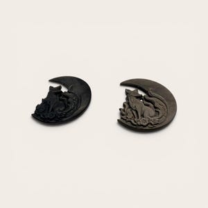 9-Tailed Fox Carving on Crescent Moon, Hand Carved Silver Obsidian Sculpture