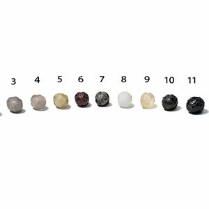 May include: Twelve faceted gemstone beads in a range of colours, including pink, green, grey, yellow, brown, black, and white. The beads are arranged in a row against a white background, numbered 1 to 12.