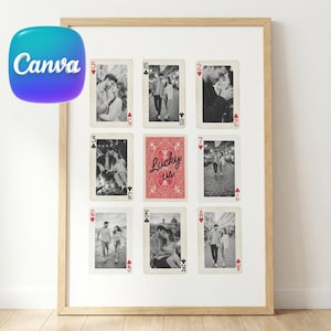 May include: Framed artwork featuring playing cards with black and white photos of couples. The center card reads "Lucky us" in red. The frame is light wood, and the Canva logo is in the upper left corner.