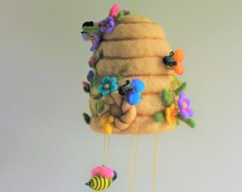 Felted Bee Hive Mobile, Needle felted, Honey Bees with Wildflowers, Rainbow Colors, Nursery Decoration
