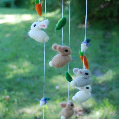 Baby Mobile Needle Felted Bunny White Tan Gray Handmade All Etsy