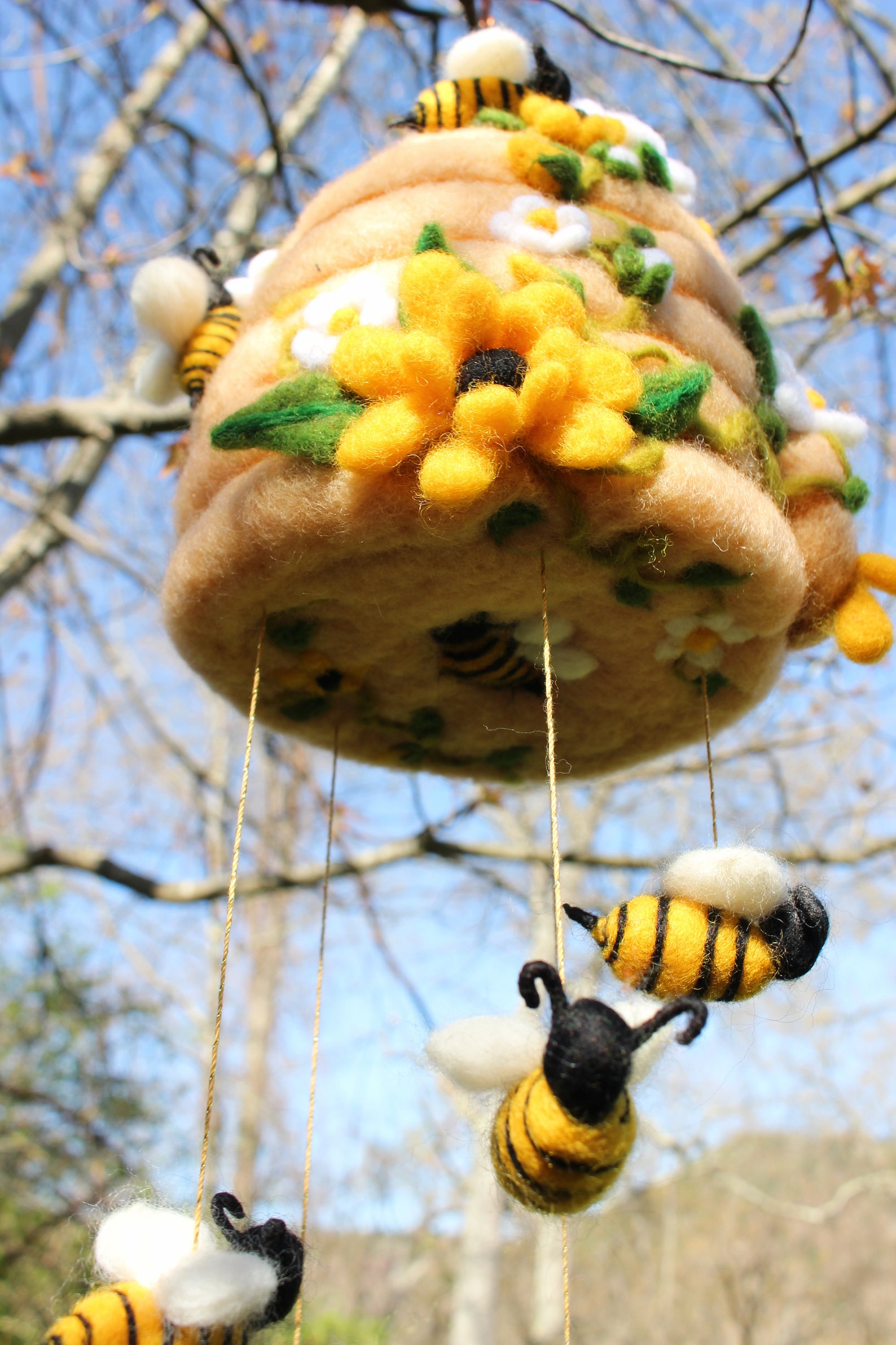 Needle Felted Honey Bee Hive with Flowers and Bees Natural Etsy