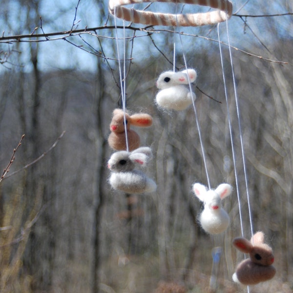 Baby Mobile Needle Felted Bunny White Tan Gray Handmade All Natural