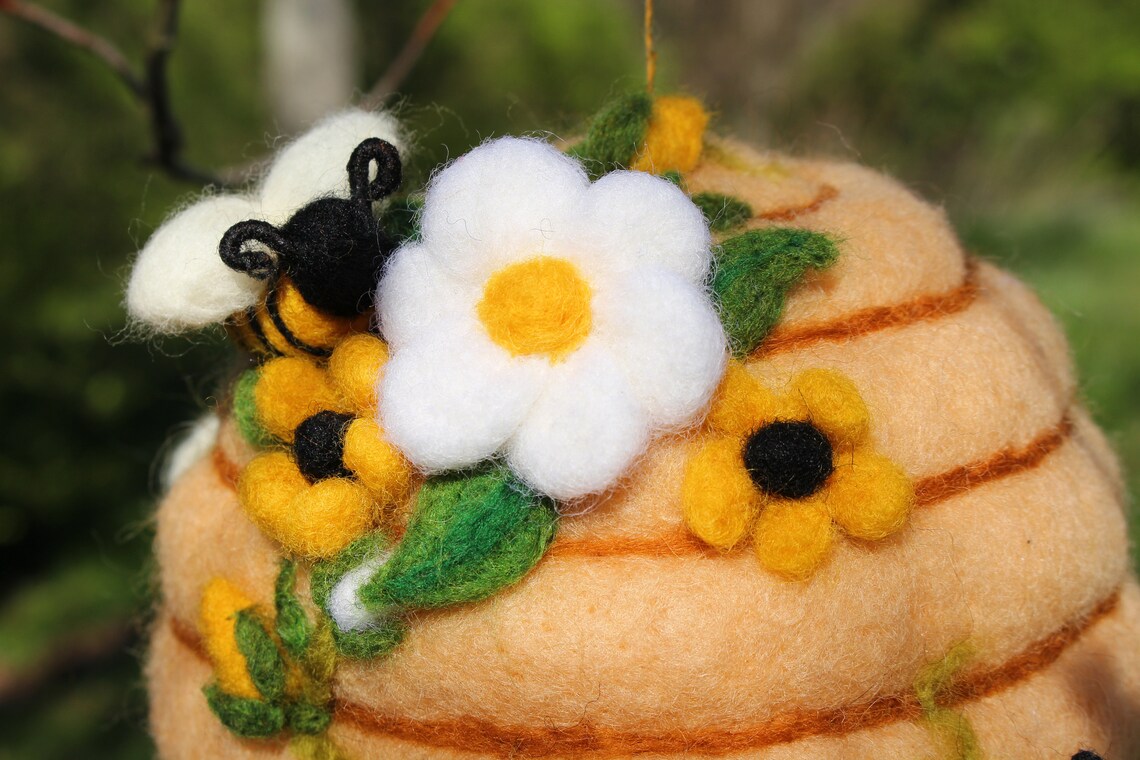 Needle Felted Honey Bee Hive With Flowers and Bees Natural Etsy