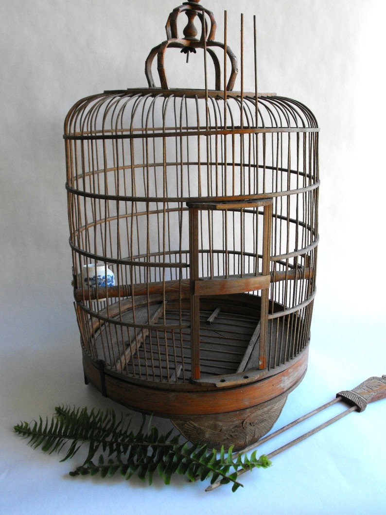 Vintage Chinese Bamboo Wood Bird Cage | Etsy