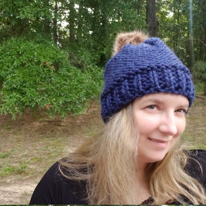 Navy Blue Knitted Beanie, Faux Fur Pom Hat, Chunky Knit Winter Hat, Warm Pompom Beanie, Gift for Her, Gift for Teens