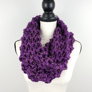 Purple and Gold Cowl, Chunky Knitted Cowl, Hand Knit Women&#39;s Scarf, Warm Cowl