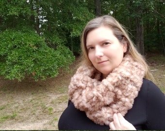 Warm Brown Faux Fur Cowl, Soft Vegan Friendly Fur Scarf, Cozy Taupe Knitted Cowl