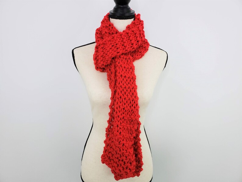 Chunky Red Scarf / Bright Red Knitted Scarf / Warm Cozy Hand Knit Scarf / Vegan Friendly Scarf image 4