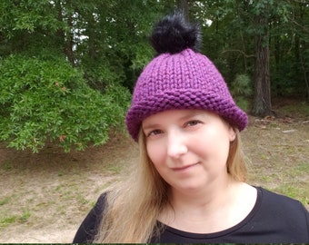 Purple Knitted Beanie, Faux Fur Pom Hat, Chunky Knit Winter Hat, Warm Pompom Beanie, Gift for Her, Gift for Teens