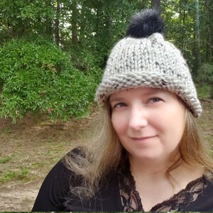 Cream Tweed Knitted Beanie, Faux Fur Pom Hat, Chunky Knit Winter Hat, Warm Pompom Beanie, Gift for Her, Gift for Teens