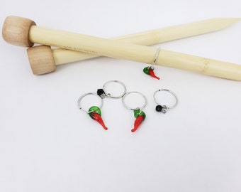 Knitting Ring Stitch Markers / Set of 5 Knitting Locking Stitch Markers / Crochet Stitch Markers / Glass Chili Pepper Bead Stitch Markers