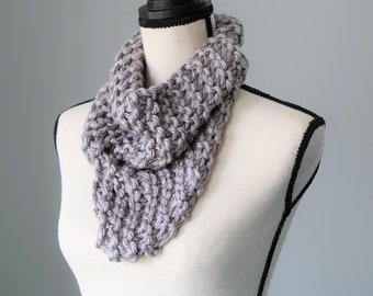 Gray Chunky Cowl Scarf, Light Gray Bandana Cowl Scarf, Warm Knitted Scarf, Thick Scarf, Vegan Friendly Scarf