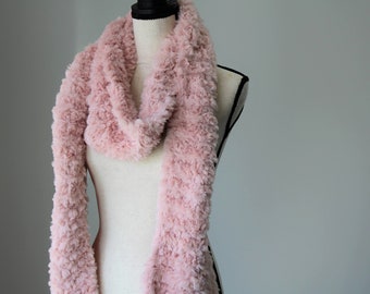 Soft Pink Faux Fur Scarf, Warm Cozy Minky Scarf, Vegan Friendly Scarf, Hand Knit Scarf