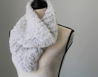 Knitted Faux Fur Bandana Cowl, Black and White Blend Cowl, Thick Warm Knit Scarf, Soft Vegan Friendly Scarf