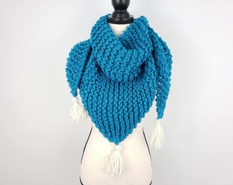 Teal Chunky Triangle Scarf / Warm Knitted Tassel Shawl / Thick Vegan Friendly Wrap