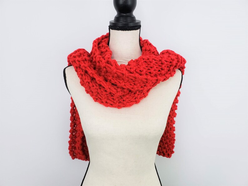 Chunky Red Scarf / Bright Red Knitted Scarf / Warm Cozy Hand Knit Scarf / Vegan Friendly Scarf image 3