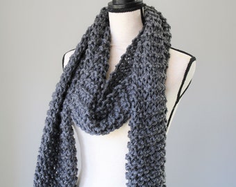 Gray Chunky Scarf, Warm Knitted Scarf, Thick Cozy Scarf, Vegan Friendly Scarf