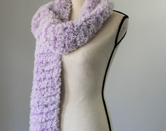 Pale Purple Faux Fur Knitted Scarf, Warm Cozy Lavender Minky Scarf, Vegan Friendly Scarf, Soft Hand Knit Scarf