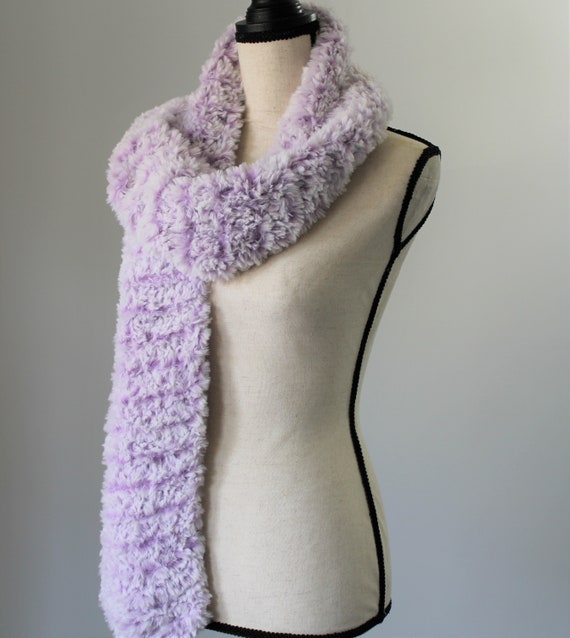 Pale Purple Faux Fur Knitted Scarf, Warm Cozy Lavender Minky Scarf