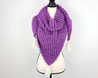 Purple Knitted Triangle Scarf / Warm Chunky Shawl with Tassels / Thick Warm Wrap / Vegan Friendly Scarf