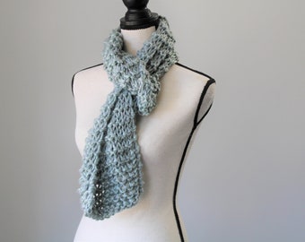 Aqua Knitted Scarf, Blue Heather Chunky Scarf, Thick Warm Hand Knit Scarf