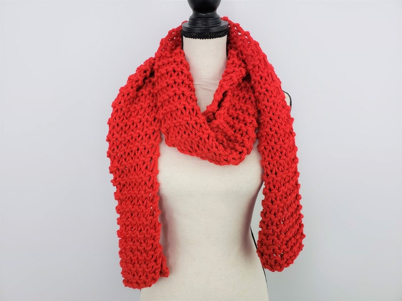 Chunky Red Scarf / Bright Red Knitted Scarf / Warm Cozy Hand Knit Scarf / Vegan Friendly Scarf image 2