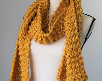 Chunky Yellow Knitted Scarf, Warm Knit Mustard Scarf, Thick Winter Accessory, Vegan Friendly Scarf
