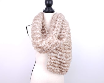 Soft Taupe Faux Fur Scarf, Warm Cozy Minky Scarf, Vegan Friendly Scarf, Hand Knit Scarf, Knitted Classic Scarf, Gift for Her