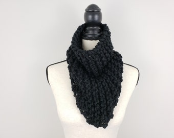 Black Chunky Bandana Cowl, Warm Knitted Scarf, Winter Accessory, Vegan Friendly Scarf