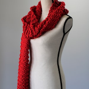 Chunky Red Scarf / Bright Red Knitted Scarf / Warm Cozy Hand Knit Scarf / Vegan Friendly Scarf image 1