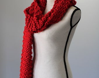 Chunky Red Scarf / Bright Red Knitted Scarf / Warm Cozy Hand Knit Scarf / Vegan Friendly Scarf