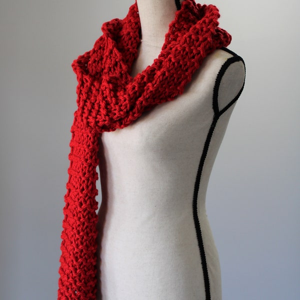 Chunky Red Scarf / Bright Red Knitted Scarf / Warm Cozy Hand Knit Scarf / Vegan Friendly Scarf