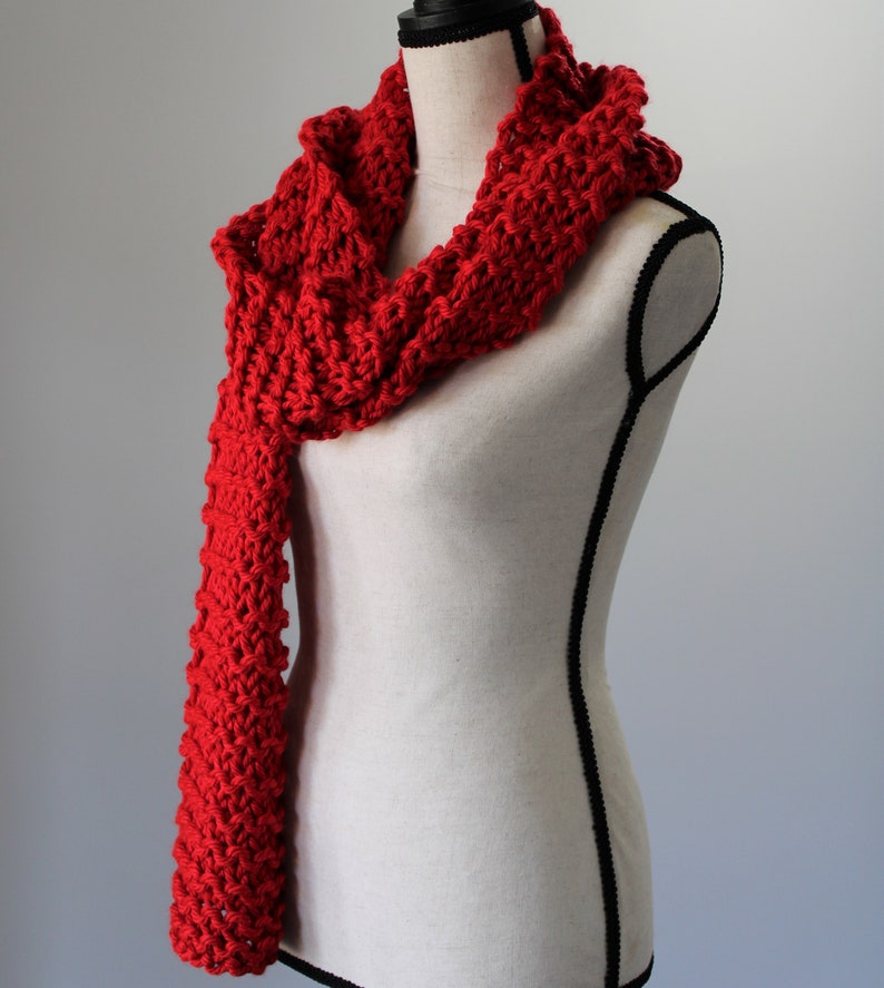 Chunky Red Scarf / Bright Red Knitted Scarf / Warm Cozy Hand Knit Scarf / Vegan Friendly Scarf image 1